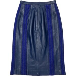 Torras Spain Vintage Navy Leather Mohair Knit Panel Midi Pencil Skirt Size 8